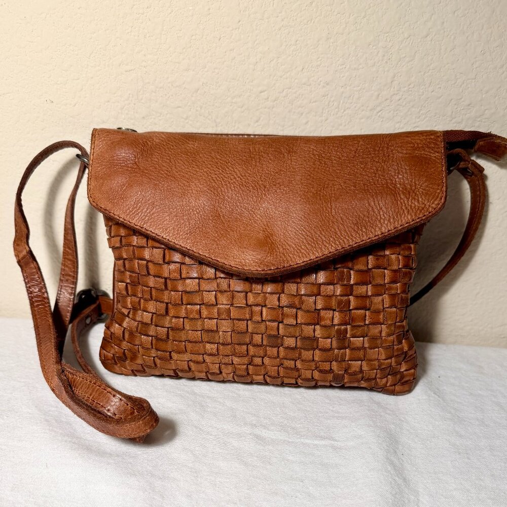 Vilenca Holland Hand Woven Flap Soft Leather Crossbody Bag Cognac Brown Boho - Picture 7 of 12